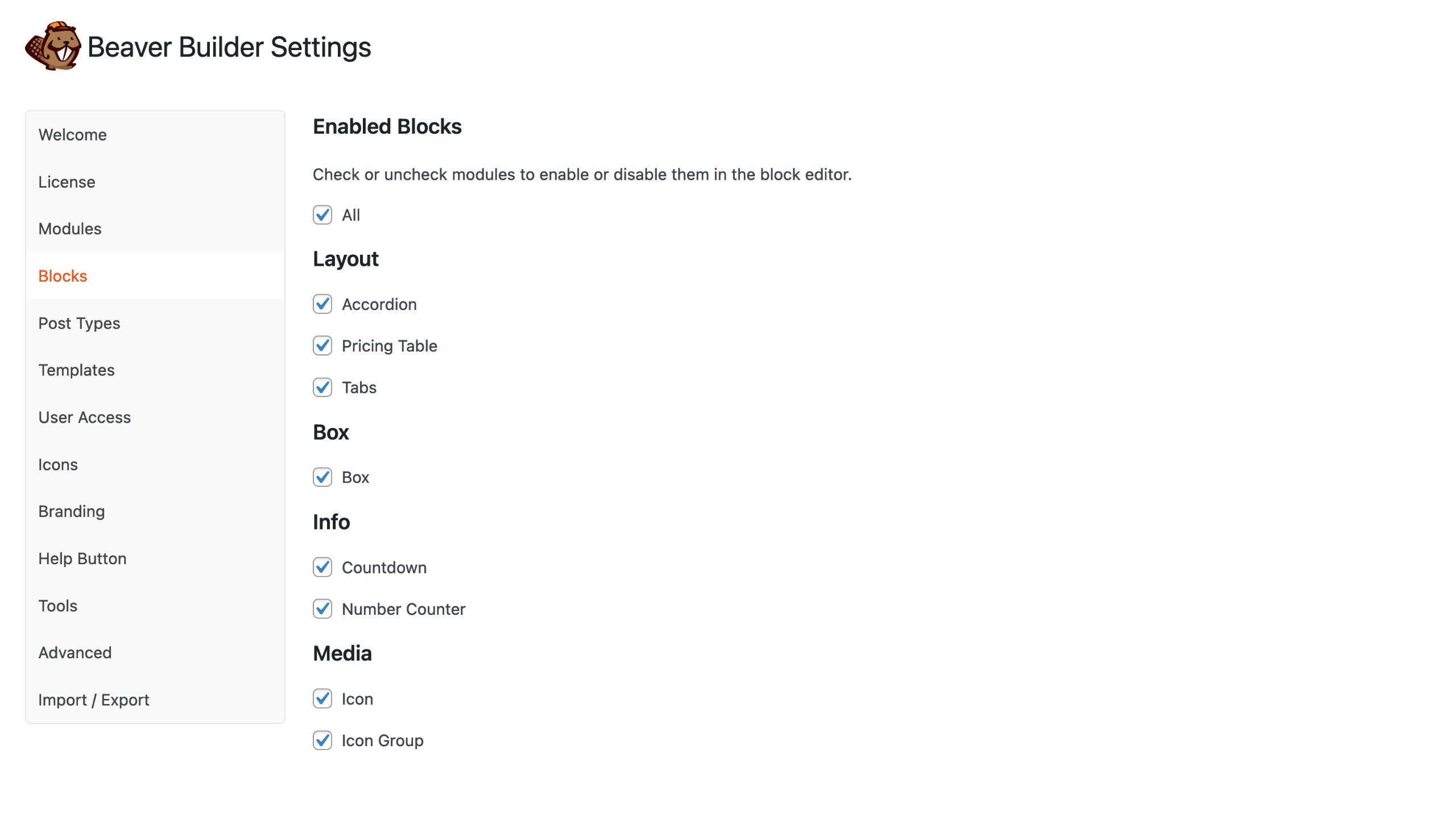 Access the Beaver Builder setting&#39;s modules tab